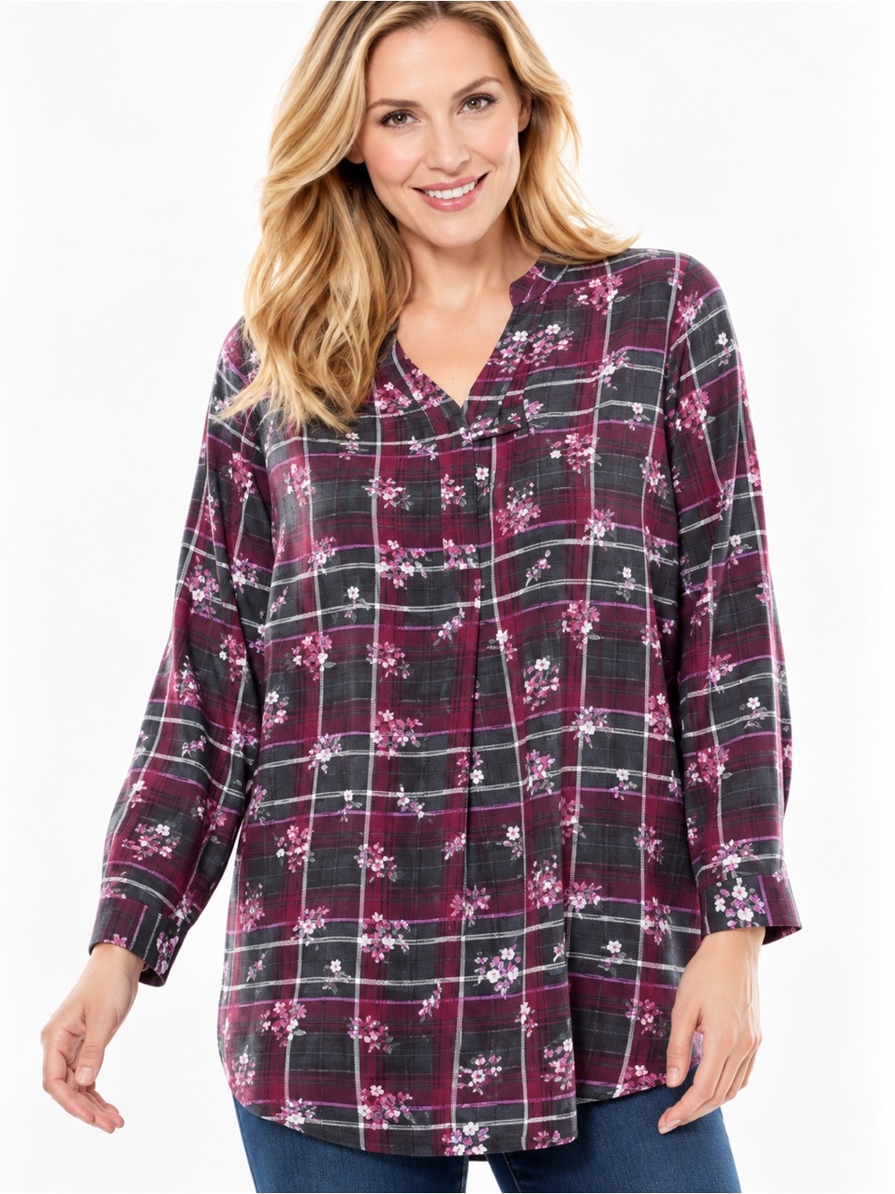 NWT Women’s 14/16 Burgundy Plaid Floral Tab Front Long Sleeve Tunic Top